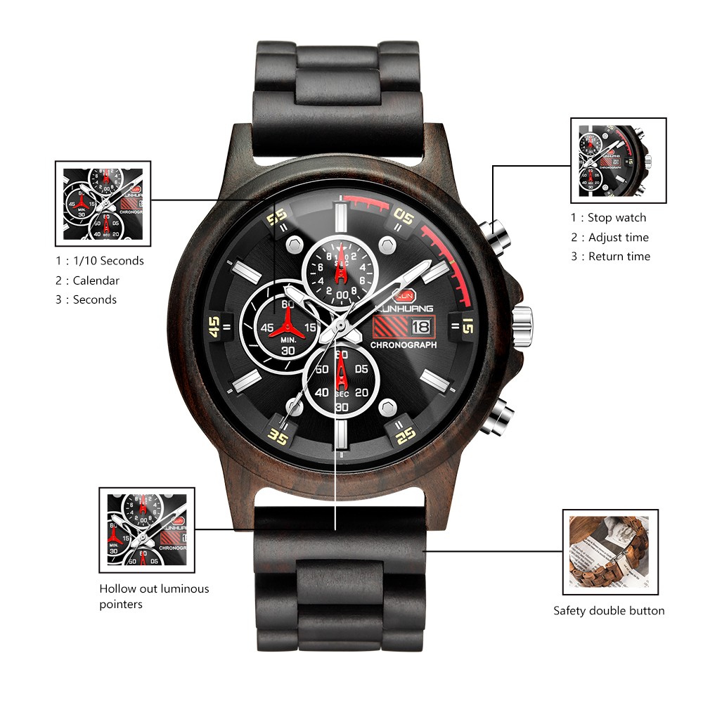 Men's Quartz Watch Multifunction Sport Luxury Stylish Wood Watches Chronograph Military Wooden Watch Relogio Masculino