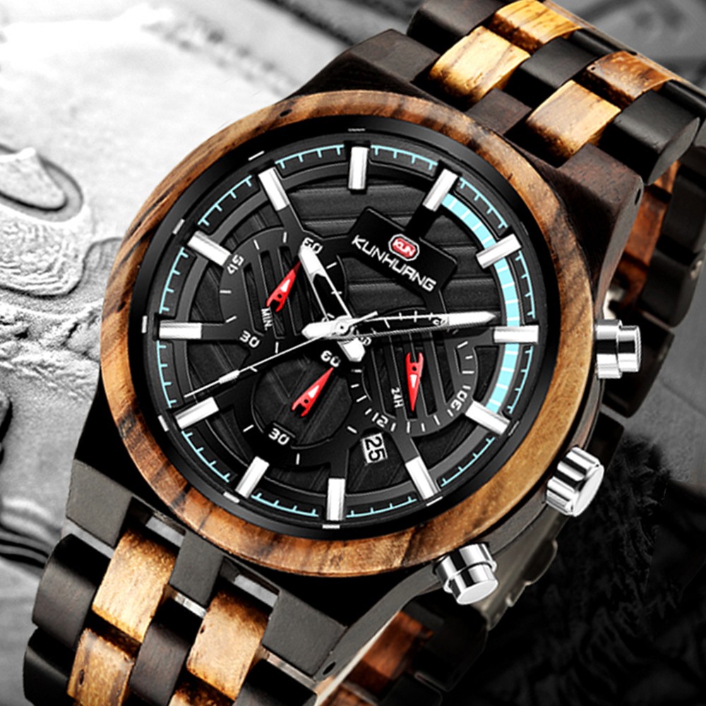 Kunhuang New Wooden Watch Men Luxury Chronograph Ebony Quartz Watch Blue Dial Metal Glass Mirror Wooden Box