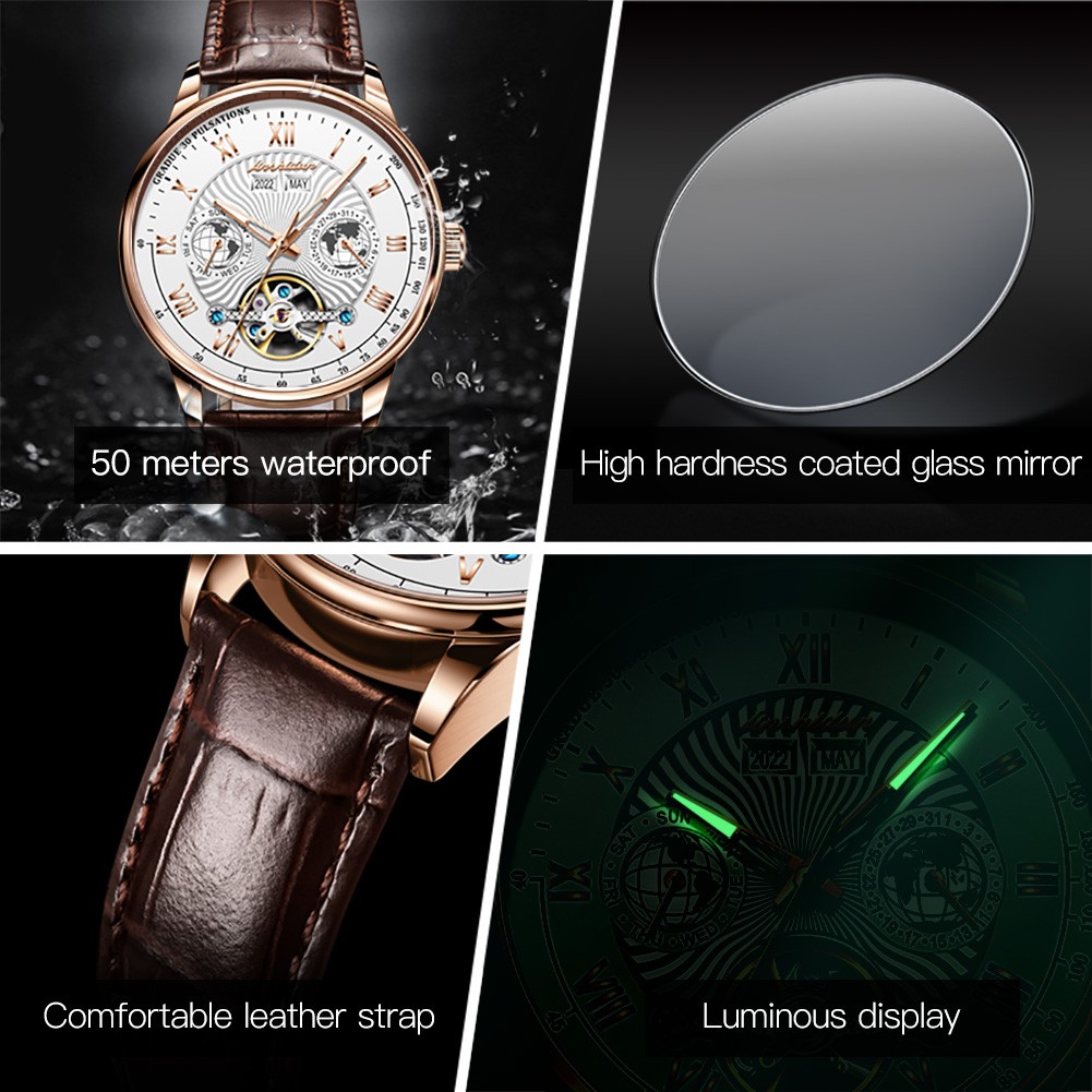 Original JSDUN Luxury Automatic Men's Watch Mechanical Leather Waterproof Brand Tourbillon Weekday Hollow Wristwatches