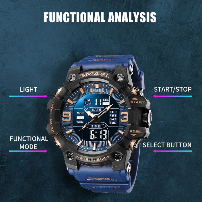 Men's Watch Sport Water Resistant LED Lights Alarm Clock Dual Time Week Display Auto Date Wristwatches 8049 Sport Quartz Watches