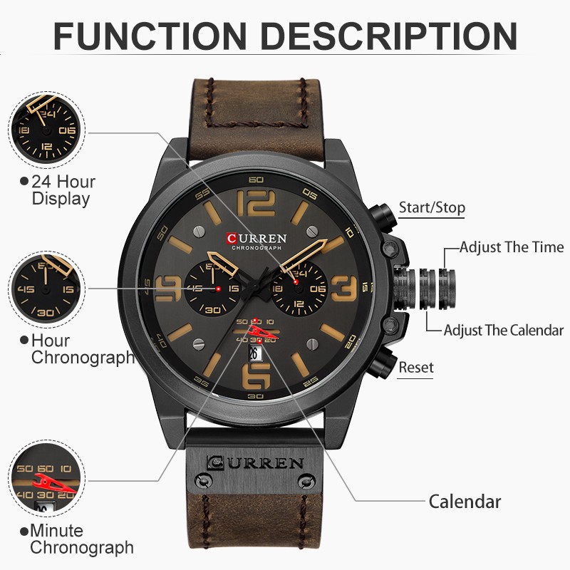 CURREN-Watches-Men's Distinguished,Luxury Watch Brand,Water Resistant,Sports,Wrist Watch,Chronograph,Quartz Genuine Leather Military,Men