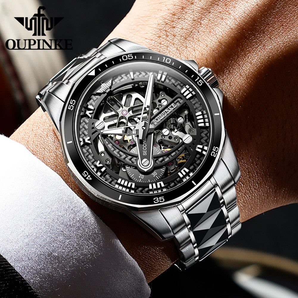 OUPINKE watch for men luxury brand men mechanical wristwatches skeleton design automatic watches sapphire glass watch 3178