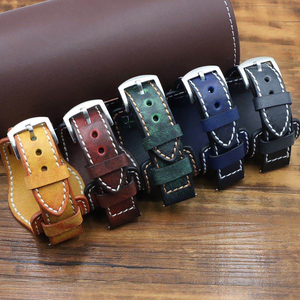 22mm 24mm Genuine Leather Watch Strap Wristwatch Band With Mat Wrist Protection Handmade Vintage Cuff Watches Bracelet