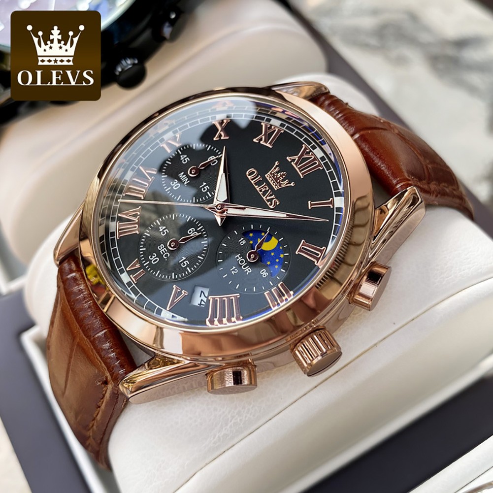 OLEVS Waterproof Corium Strap Men's Wristwatches Quartz Multifunction Three-eye Six Hand Fashion Luminous Men's Watches