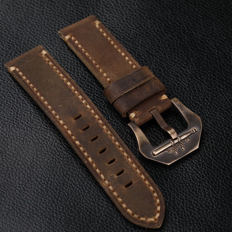 Dark brown crazy horse leather strap 20 21 22 23 24 26 mm fits bronze watch bracelet, vintage style