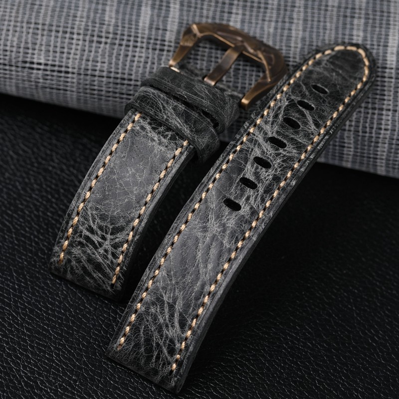 Handmade smoke gray leather watchband 20 22 24 26 mm bronze buckle bracelet, suitable for PAM111 441 men's bracelet