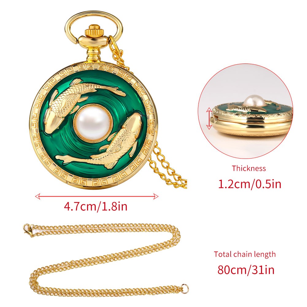 Valentine's Day Gift Green Glue Dripping Pisces Pearl Pattern Gold Personalized Quartz Pocket Watches for Boyfriend Girlfriend