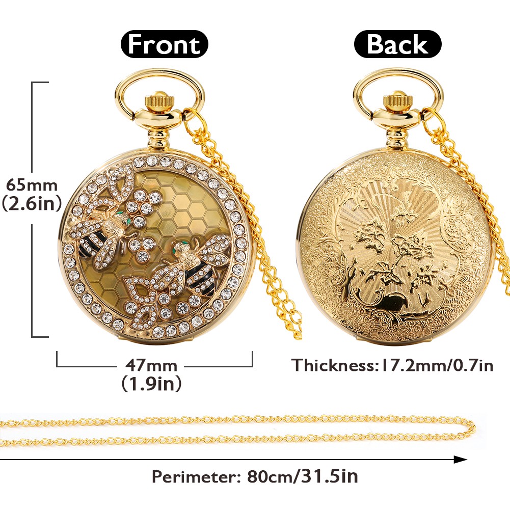 2022 New Unisex Gold Quartz Face Chain Pocket Watch Transparent Dripping Glue Diamond Bee Pattern Birthday Gift for Friend