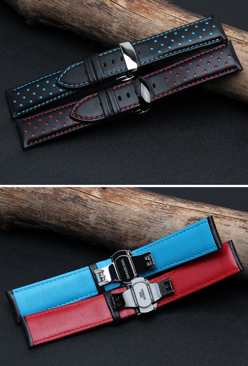 Replacement watch strap, 20mm, 22mm, real cowhide leather, handmade, black, red, blue, double push buckle