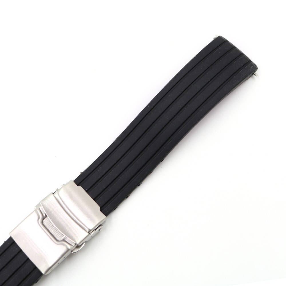 Black Silicone Rubber Watch Strap, Water Resistant, Straight End, Double Push, Stainless Steel Buckle, 18 20 22 24mm