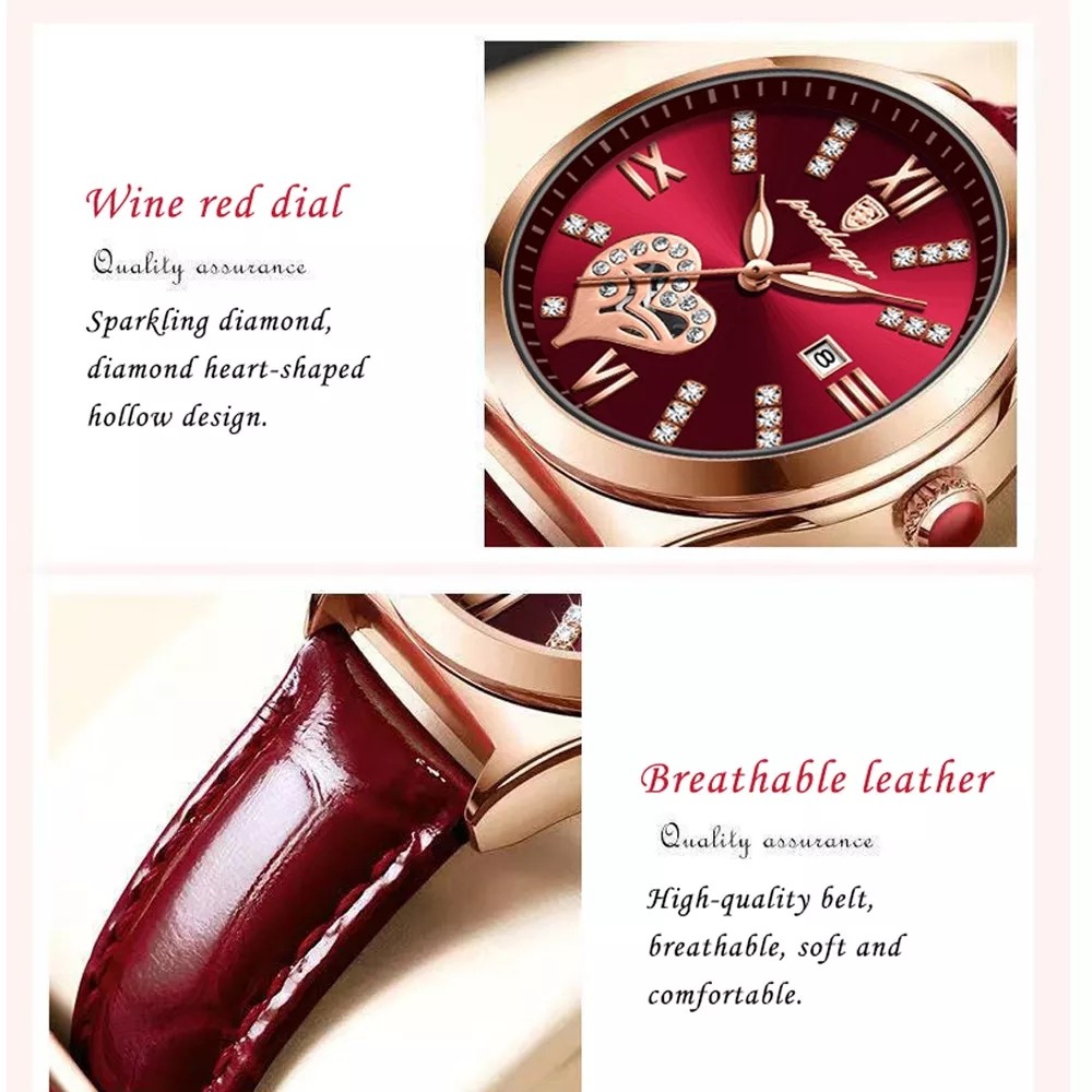 POEDAGAR 2022 Women Watches Fashion Leather Romance Red Dial Luxury Ladies Watch Waterproof Quartz Date Swiss Brand Wristwatch