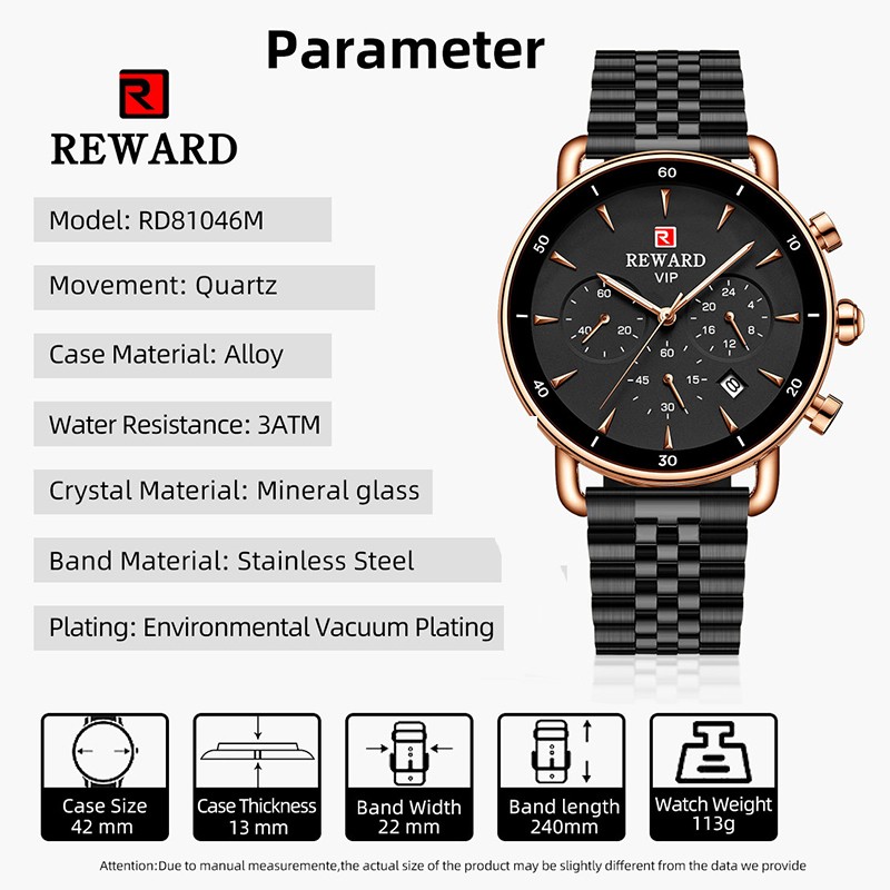 Reward luxury brand watch for men women stainless steel chronograph waterproof wristwatches fashion male female match watch