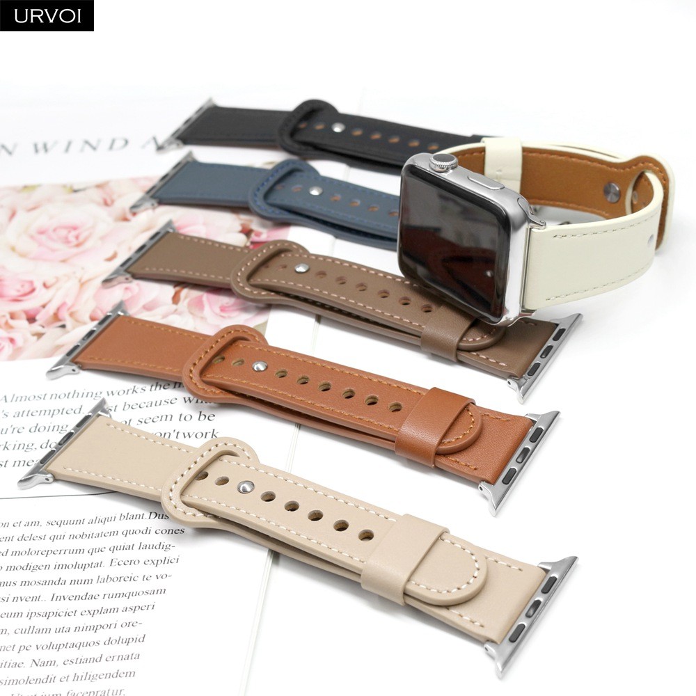 URVOI Leather Strap for Apple Watch Series 7 6 SE 5 4 3 Breathable Sports Strap Fold Pin Buckle Modern Design for iWatch 41 45mm