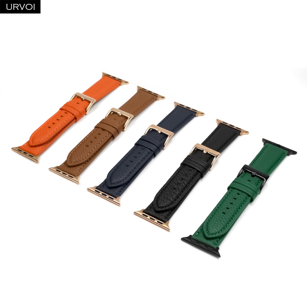 URVOI Band for Apple Watch Series 7 6 SE 5 4 321 Genuine Litchi Grain Leather Strap for iWatch Pin Buckle Black Rose Gold Buckle