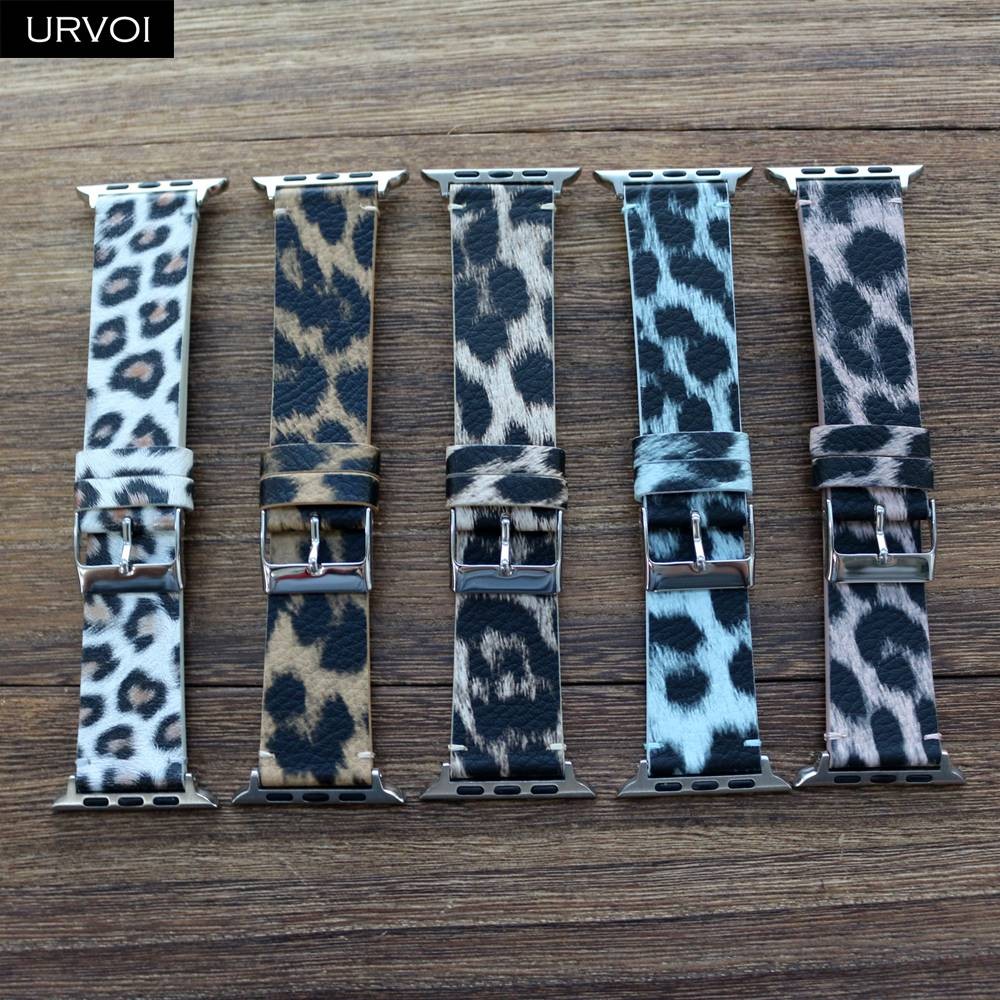 URVOI Leather Strap for Apple Watch Series 7 6 SE 5 4 3 2 1 Printing Strap for iWatch PU Leather Leopard Modern Style 41 45mm