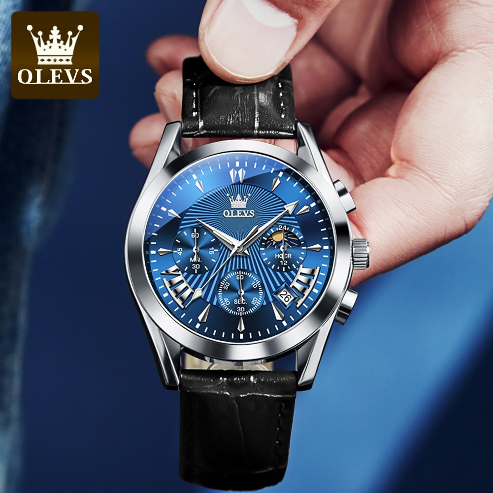 OLEVS Luxury Watch Men's Multifunctional Quartz Watch Business Style Leather Strap Waterproof Mens Calendar Chronograph Watch