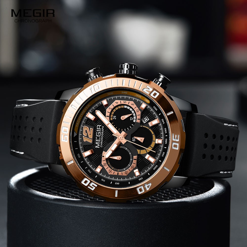 MEGIR Silicone Strap Milliari Sport Watches Men Waterproof Luminous Chronograph Quartz Watch Man Brown Reloj Relogio Watches