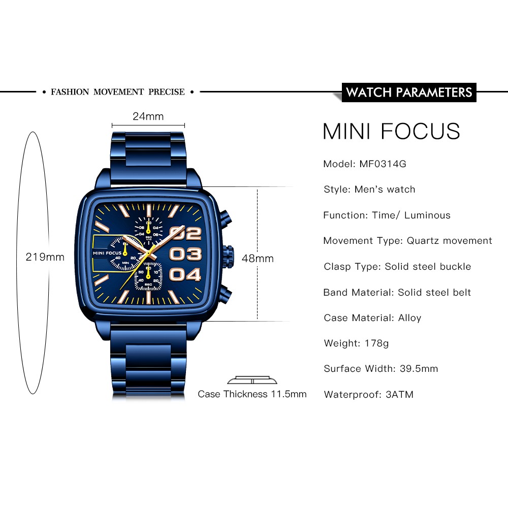 MINI FOCUS Men's Business Quartz Watch Stainless Steel Luxury Brand Luminous Multifunction Waterproof Male Watch + Box