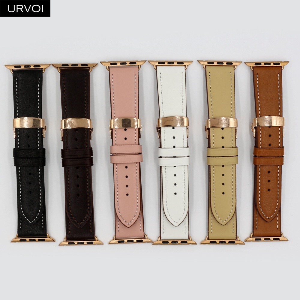 URVOI Deploy Buckle Band for Apple Watch 7 6 SE 5 4 3 Leather Strap for iwatch 41mm 45mm Single Round Design Butterfly Buckle