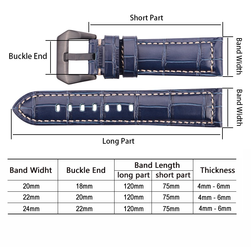 Cowhide Watchband Crocodile Pattern Women Men 20mm 22mm 24mm 5 Colors Watch Strap With Silver Black Steel Buckle Wrist Strap