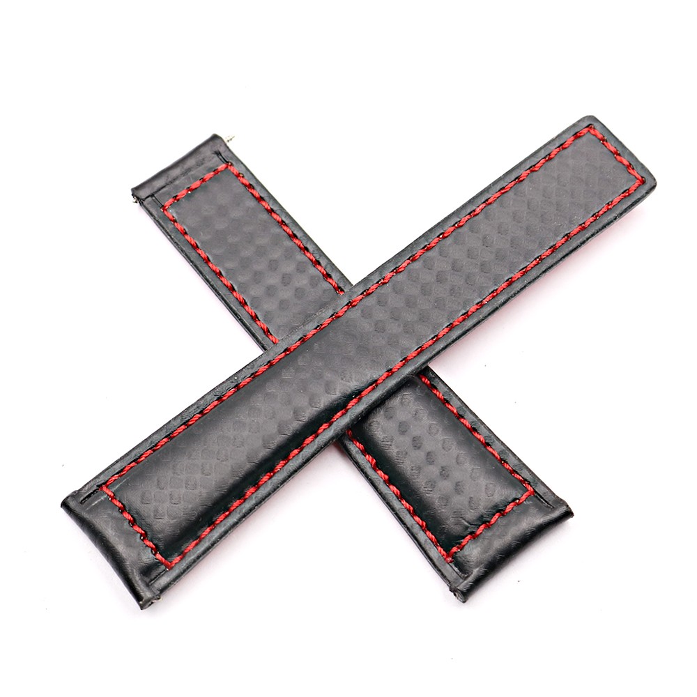 CARLYWET 20 22mm Wholesale Black with Red Stitches High Quality Genuine Leather Replacement Watch Band Strap Strap