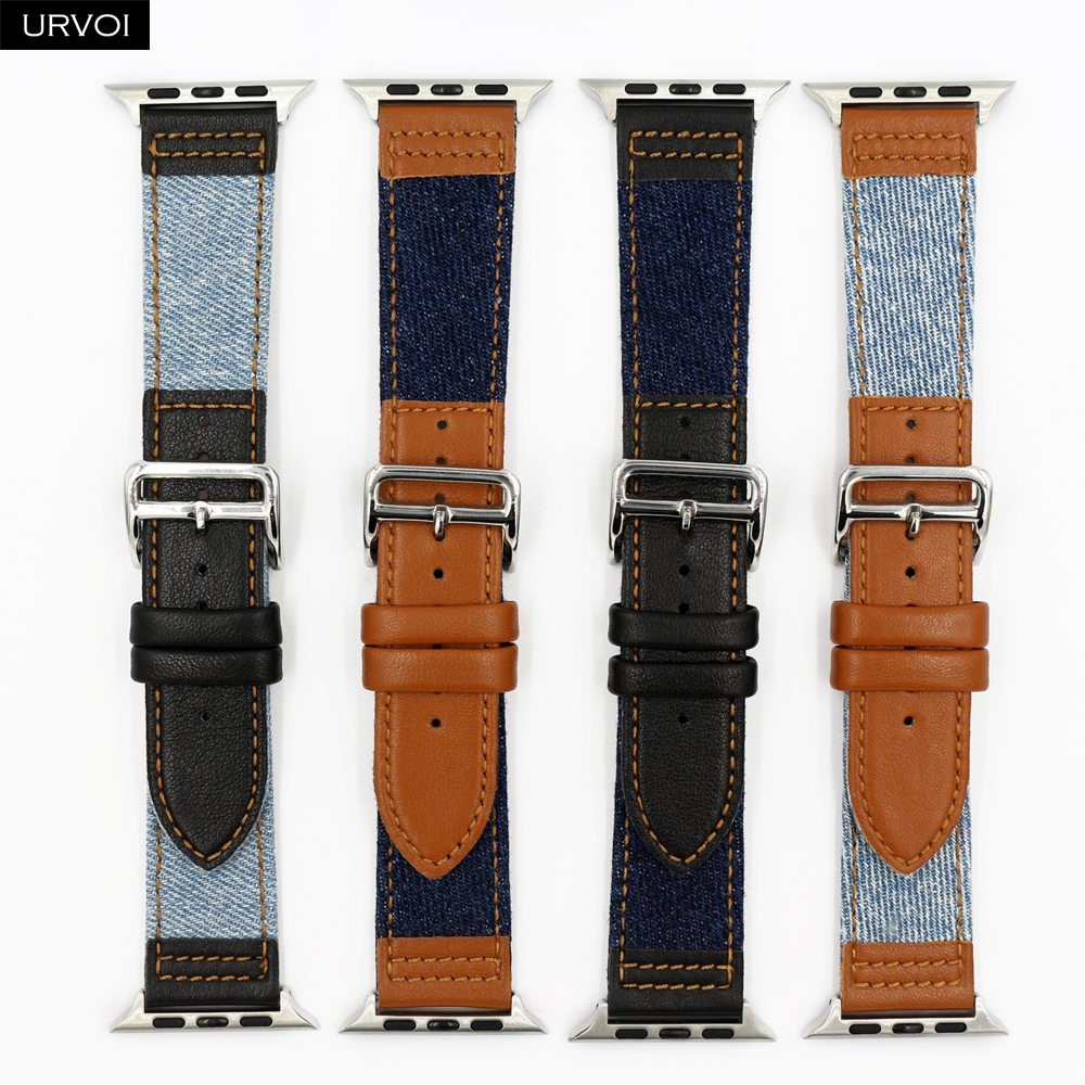 URVOI Canvas Band for Apple Watch Series 7 6 SE 5 4 3 2 1 Strap for iwatch 41 45mm Jeans with Leather Back Wrist Band 38 42mm