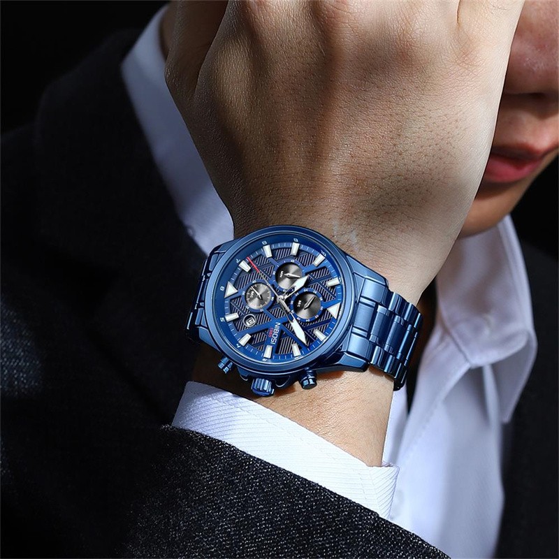 NIBOSI Mens Watches Top Brand Sports Waterproof Stainless Steel Blue Quartz Watch Men Military Wristwatch Relogio Masculino