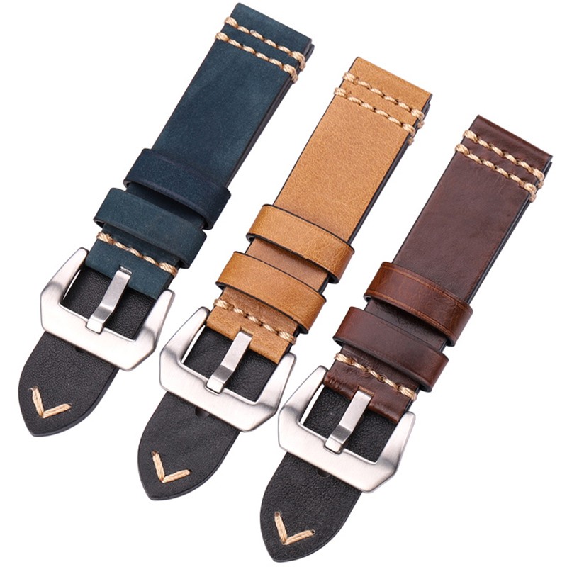 Handmade Watch Band Genuine Leather Watchband 20mm 22mm 24mm Brown Blue Yellow Women Men Cowhide Leather Strap Bracelet Accessories