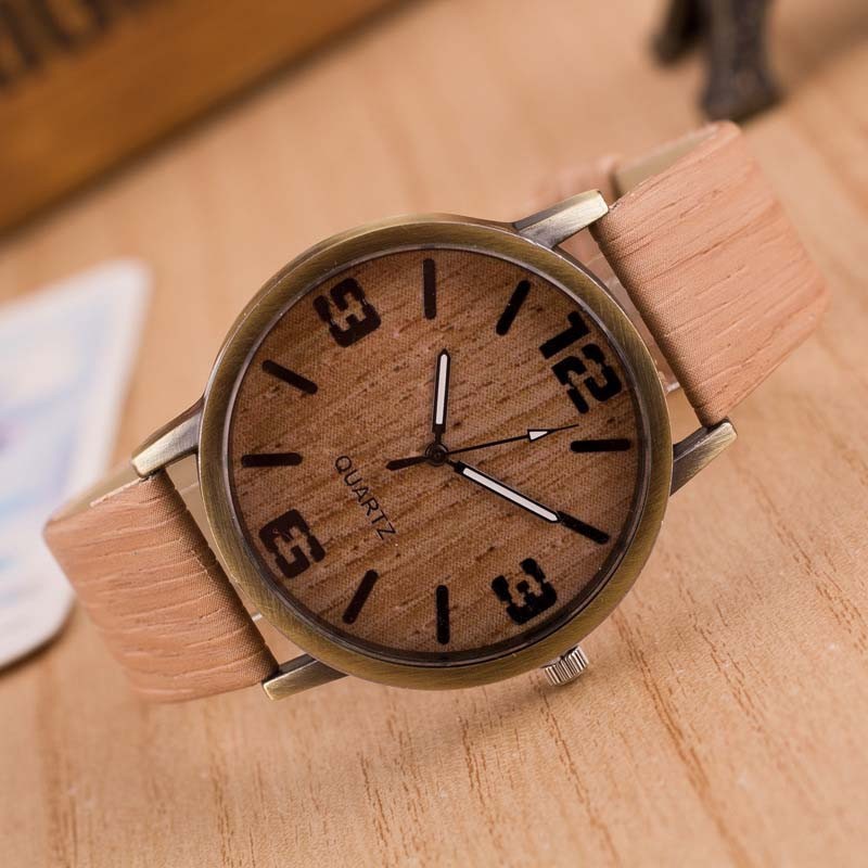 Hot Simulation Wooden Men's Quartz Watches Popular Casual Wooden Color Leather Strap Clock Creative Personality Male Wristwatch