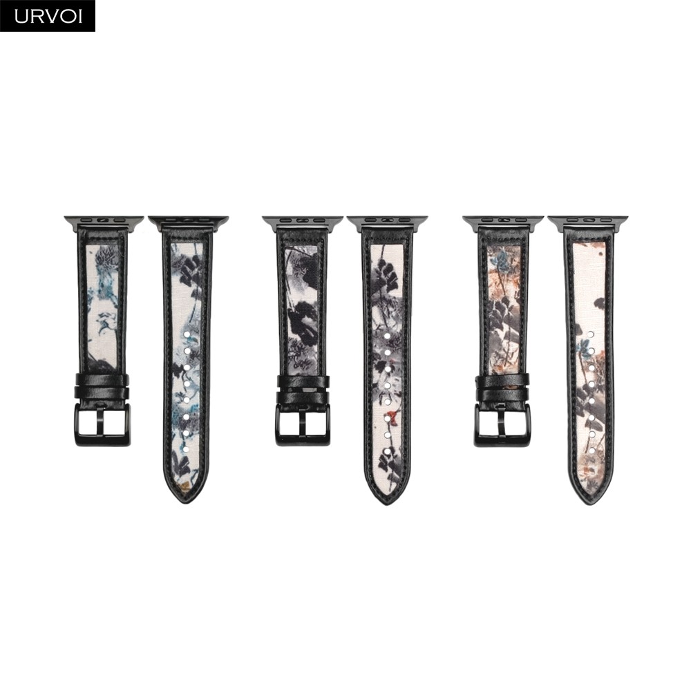 URVOI Band for Apple Watch Series 7 6 SE 5 4 321 Genuine Leather Strap for iWatch Ink and Wash Painting Pin Buckle 38 40 42 44mm