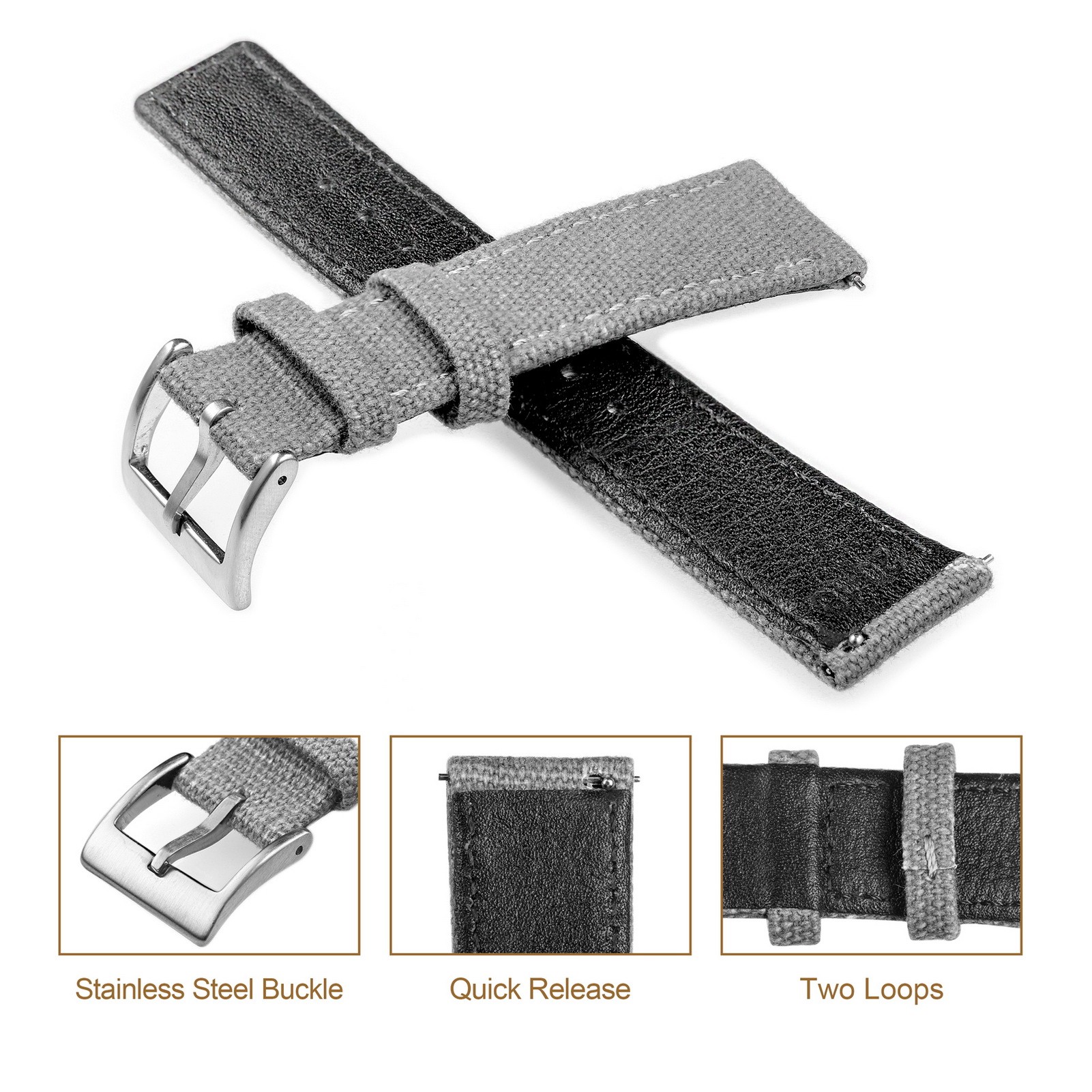 Hemsut Fabric Watch Bands Quick Release Gray Two Pieces Fabric Watch Straps Heavy Buckle 18mm 20mm 22mm