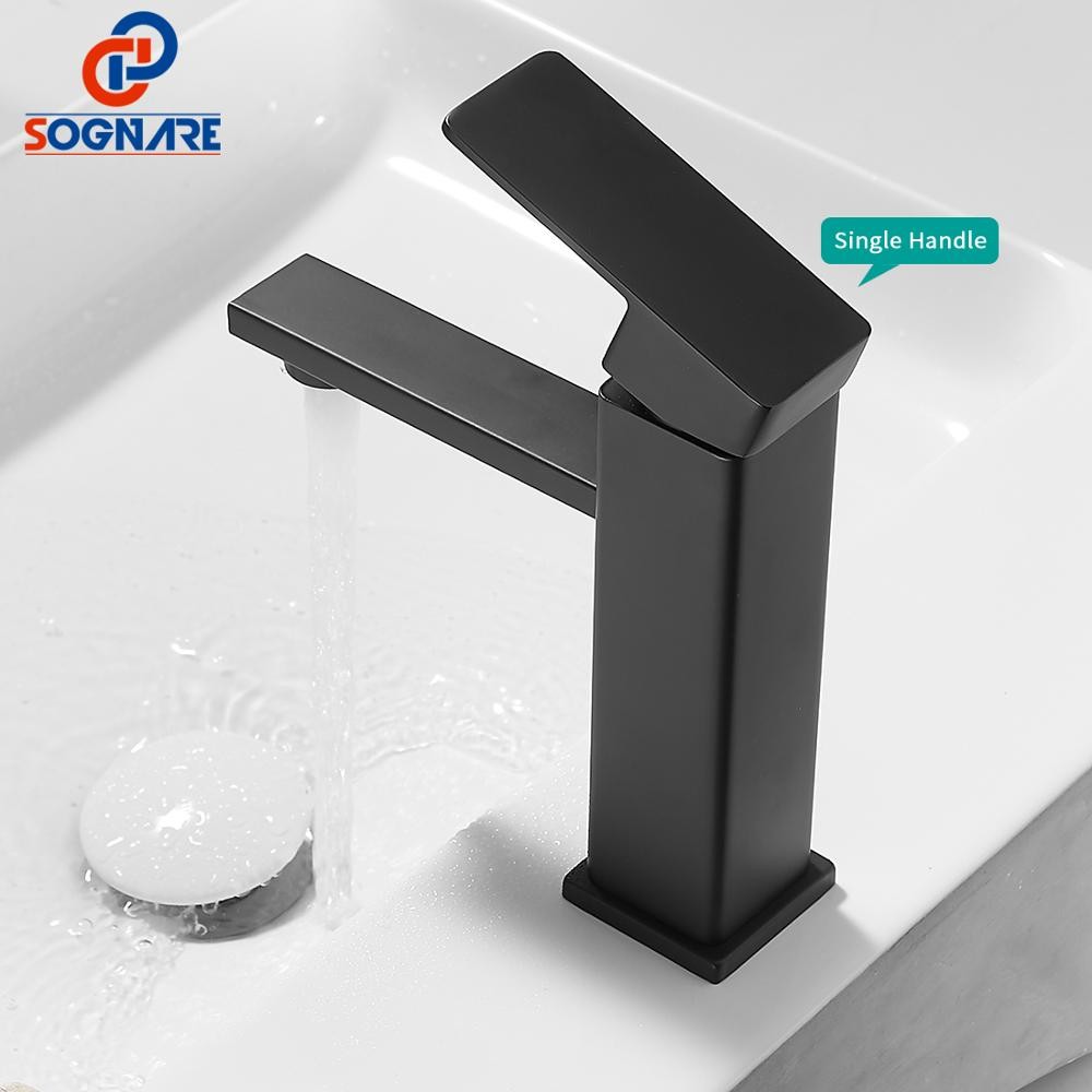 SOGANRE Basin Bathroom Sink Faucet Deck Mounted Hot Cold Water Basin Mixer Taps Matte Black Lavatory Sink Faucet Lever