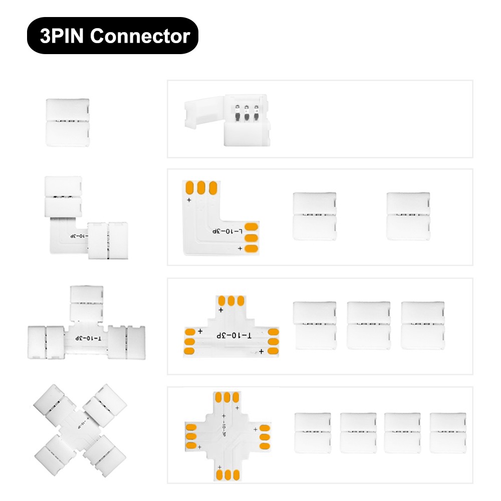 Solderless Connector for WS2812 WS2811 5050 RGB, 10mm, 2/3/4/5 Pin, T L/X Corner Connector, No Solder, LED Strip