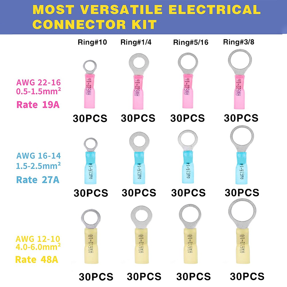 360pcs Marine Grade Heat Shrink Loop Connectors - Heat Shrink Wire Connectors Tinned Red Copper Insulated Loop Terminals Crimp Terminals