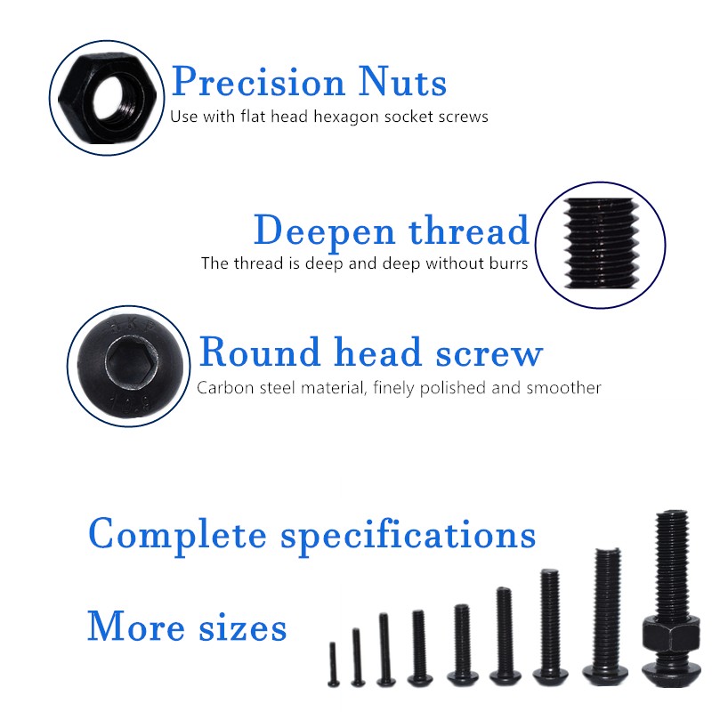 Hex Hexagon Threaded Head Button Head Socket Nut Black Carbon Steel M2 M2.5 M3 M4 M5 M6 M8 Allen Round Head Screw Set Bolt and Nut Set