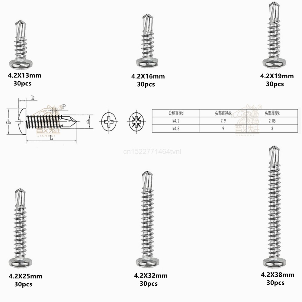 180pcs Cross Recessed Phillips Pan Head Self Drilling Tapping Screw Thread 410 Stainless Steel M4.2 Self Drilling Screw