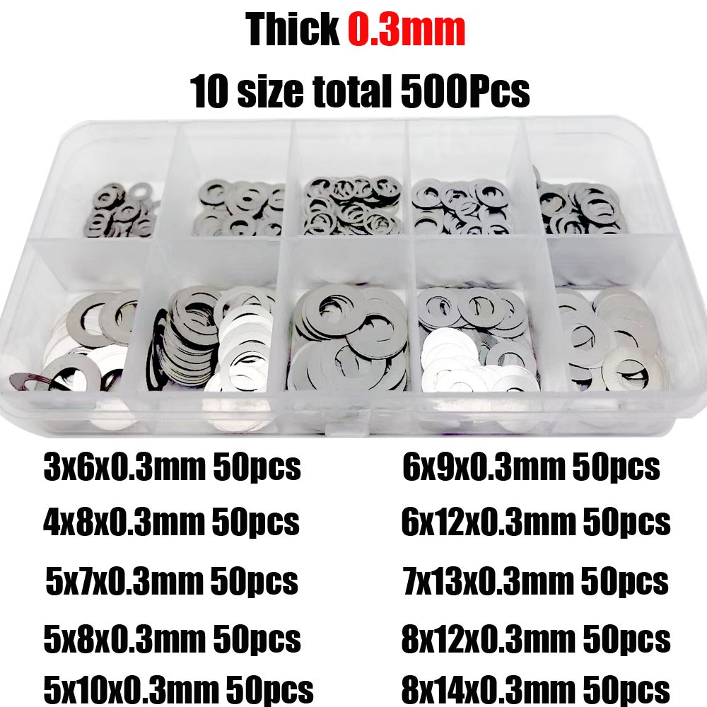 500pcs M3 M4 M5 M6 M7 M8 DIN988 304 Stainless Steel Ultra-thin Flat Washer Adjust Shim Plain Gasket Assortment Set Box