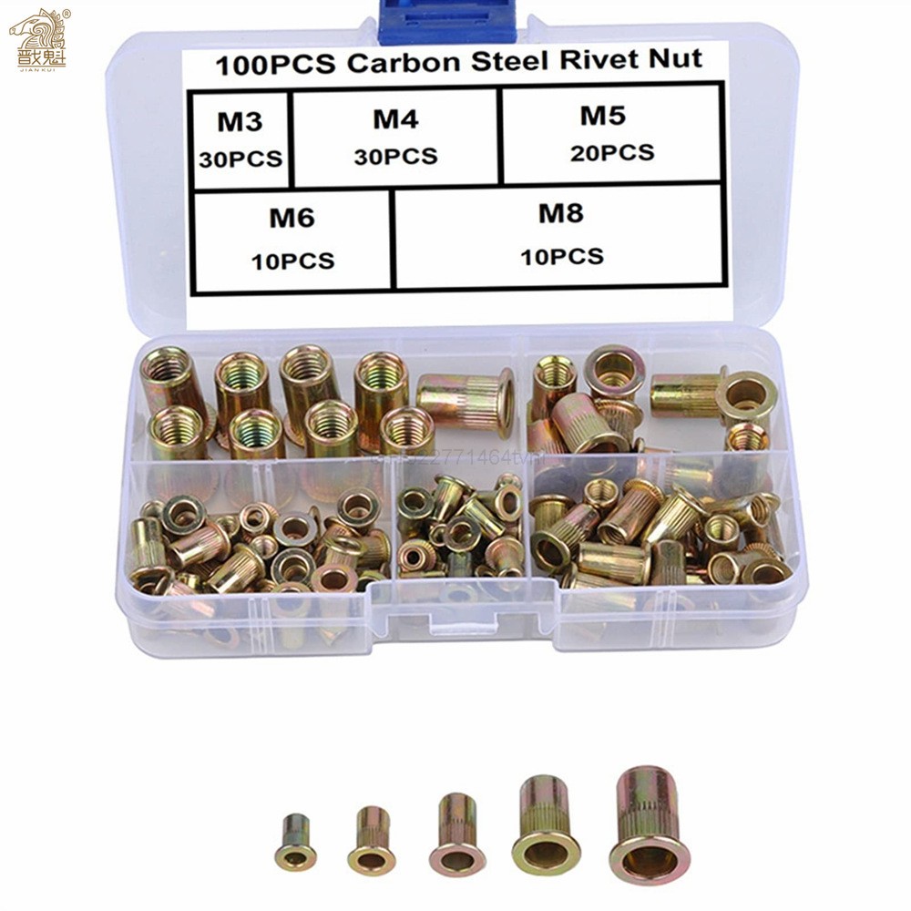 210/165/100pcs Carbon Steel Box Rivet Nuts Carbon Steel M3 M4 M5 M6 M8 M10 M12 Flat Head Rivet Nuts Set Hardware Parts