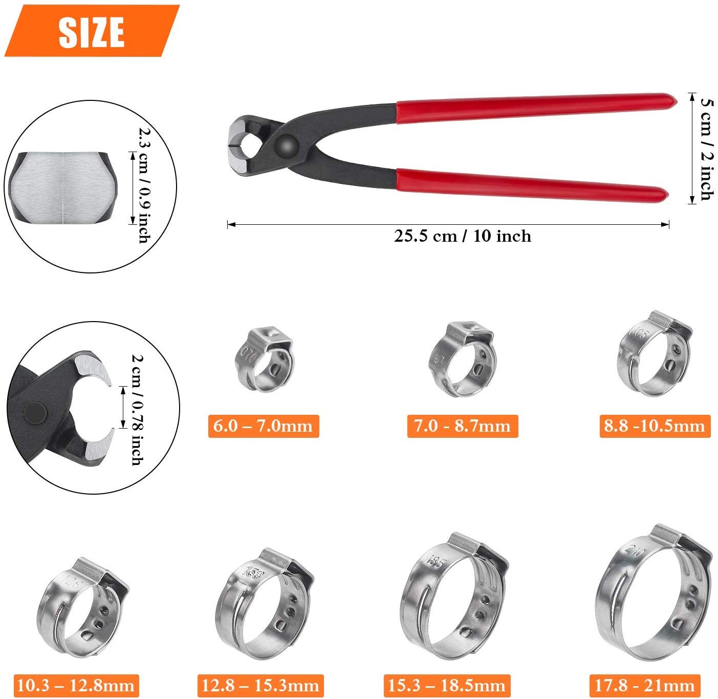 Stainless Steel Hose Clamps, 100pcs, 6-21mm, 304, Single Ear Pliers Set