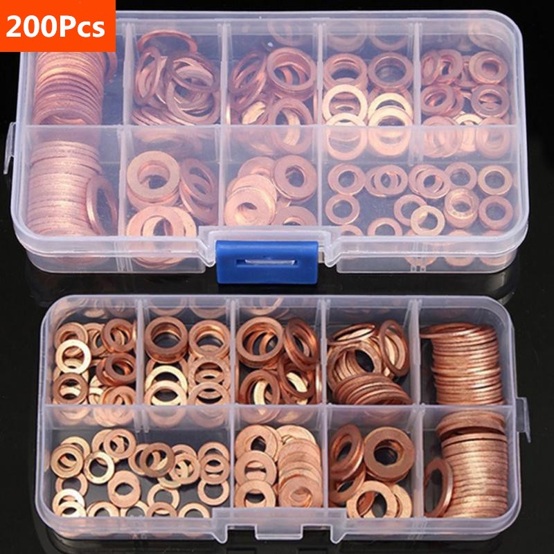 200pcs Copper Washer Gasket Nut and Bolt Flat Ring Set Assortment with Box // M8/M10/M12/M14 for Swamp Sockets