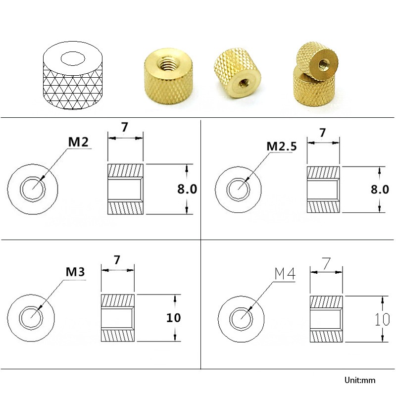 100pcs knurled brass thumb nut M2 M2.5 M3 M4 cylindrical adjusting hand tightening nut