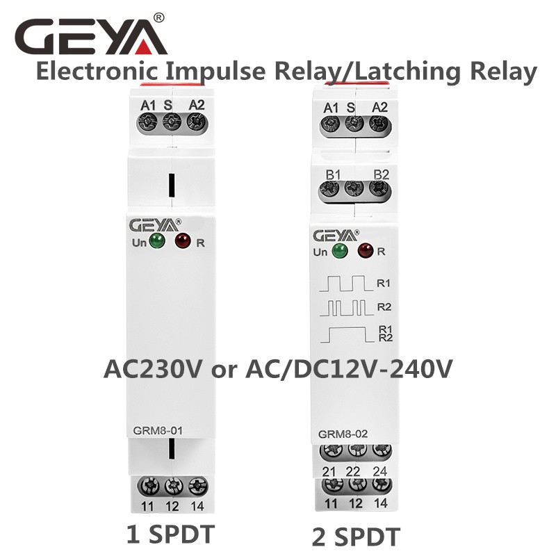 Free Shipping GEYA GRM8 Din Rail Electronic Latching Relay Memory Boost Relay SPDT 16A Step Relay AC230V or AC/DC12-240V