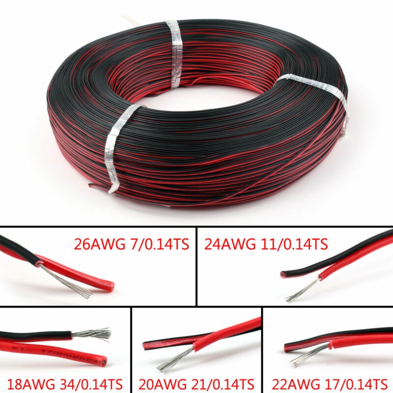 16 18 20 22 24 26 AWG 2 Pins Copper Wire DIY LED Lamp Connector Red and Black Flat Ribbon Cable 300V 80C