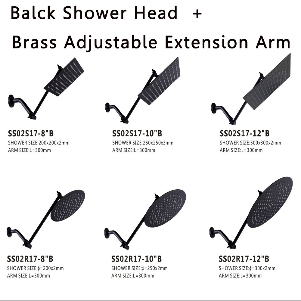 BAKALA 304 Stainless Steel Black Adjustable Shower Head With Solid Brass Extension Arm Folding Free Shipping