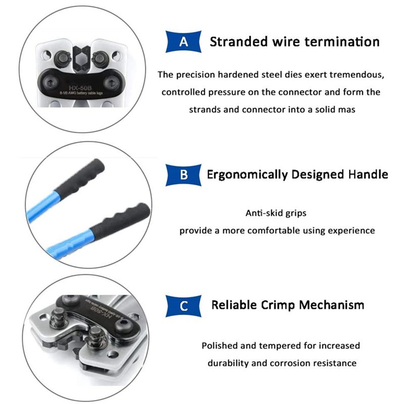 HX-50B Cable Lug Crimping Tool for Heavy Duty Wire Lugs, Battery Terminal, Copper Lugs AWG 8-1/0 with 60pcs Copper Insulated Terminals