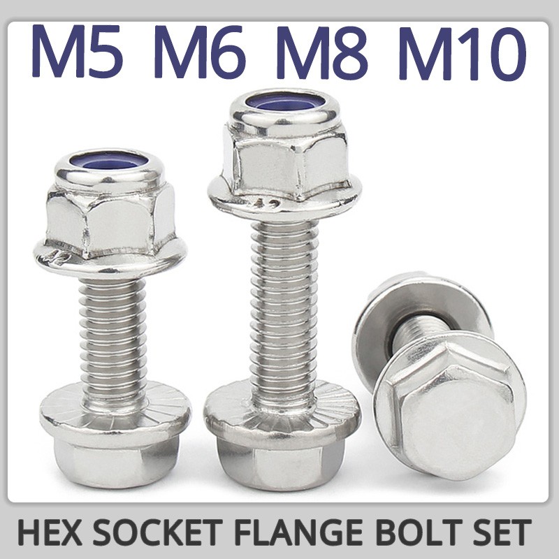 External Hex Bolt M5 M6 M8 M10 304 Stainless Steel Outer Hexagon Flange Screw Anti Slip Flange Nylon Locknut Combination Set