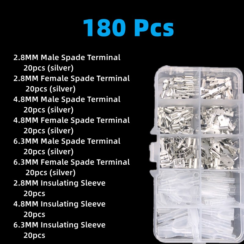 180pcs + pliers 2.8/4.8/6.3mm, electrical connector, butt crimping terminal, female and male wire and cable splicing terminal