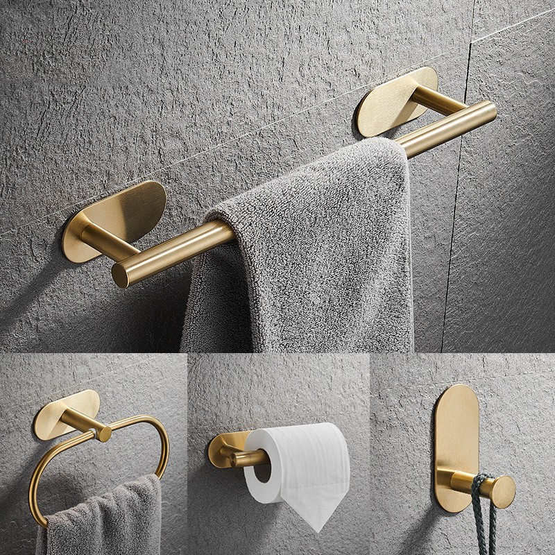 No Drilling Stainless Steel Self Adhesive Towel Bar Paper Holder Clothes Hook Towel Ring Black Golden Bathroom Accessories Set