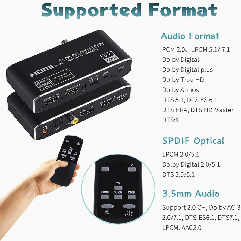 HDMI Compatible Audio Extractor, 2x1 2.0 Switcher 4k60hz Erc Switcher Supports 3D, Arc and Optical Toslink HDR Switcher for PS3