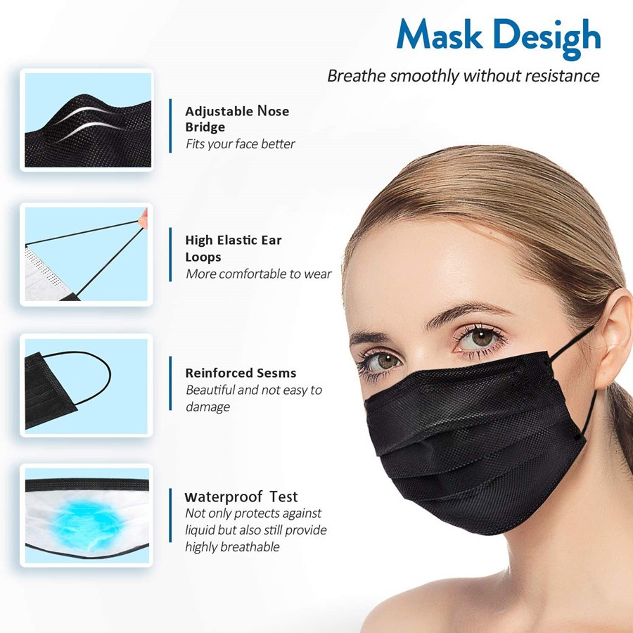 10-500pcs Disposable Black Non-woven Face Masks 3 Layer Adult Masque Noir Anti-Dust Mascarillas Negras quiurgicas Homologada